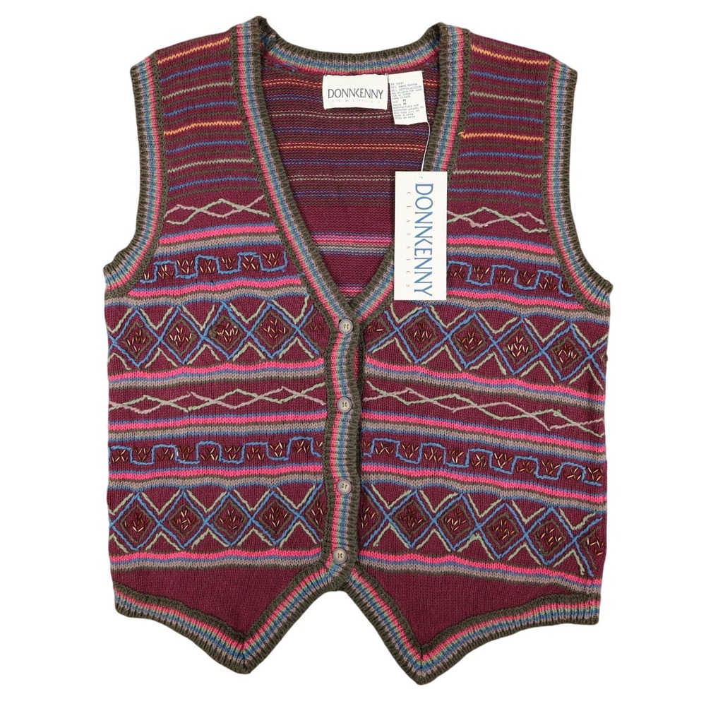 Donnkenny Classics Sweater Vest Womens M Vintage 90s Burgundy Beaded Knit Vest